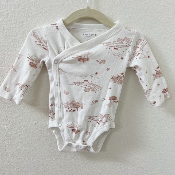 CARTERS cottagecore prairie farmhouse onesie long sleeve white and brown - sz 3 - Picture 1 of 5